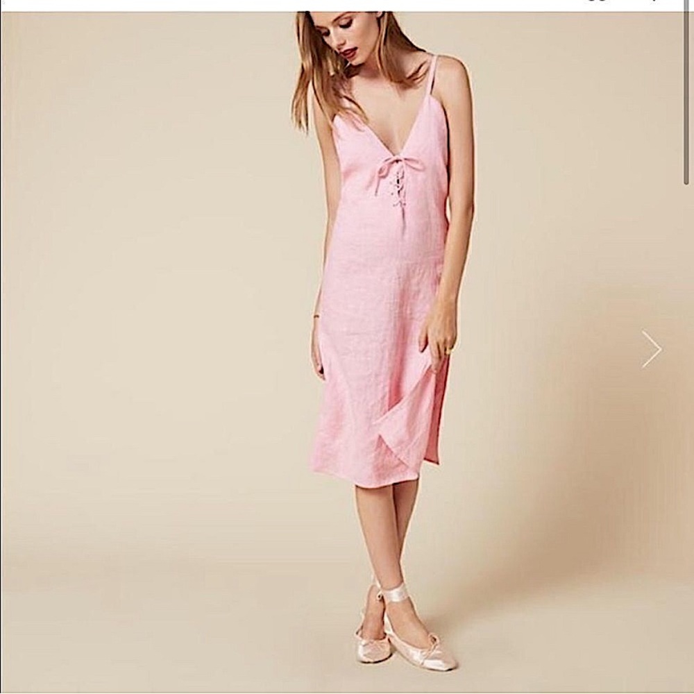 Reformation Peach Linen V-neck Tie Midi Dress